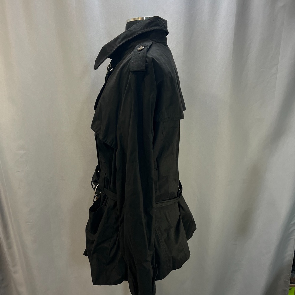 Merona Trench Coat Womens 1 Black Cotton Double Breasted Belted Waist Minimalist - Picture 2 of 12